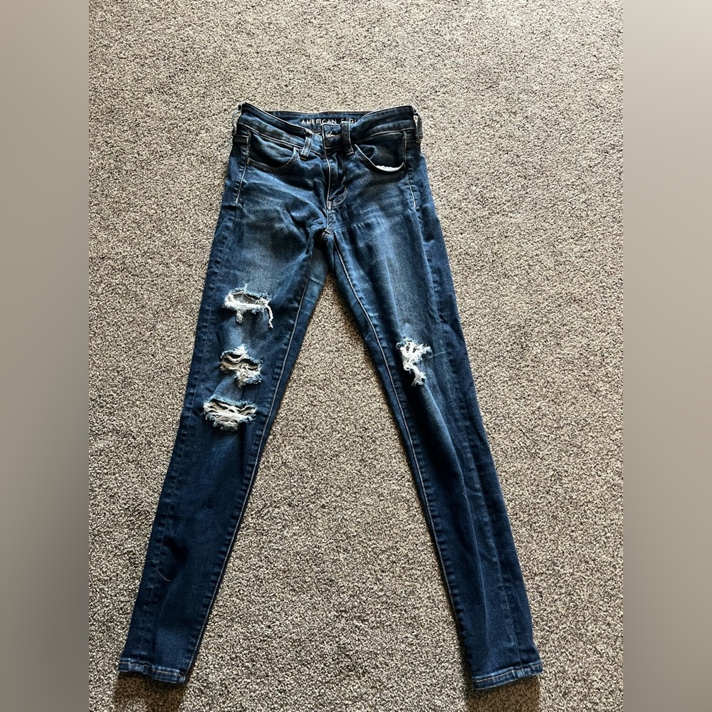 American Eagle Outfitters Women's Dark Blue Ripped Skinny Jeans